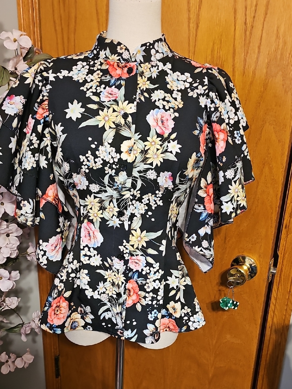 Gracia Floral Peplum Top With Flowy Sleeves